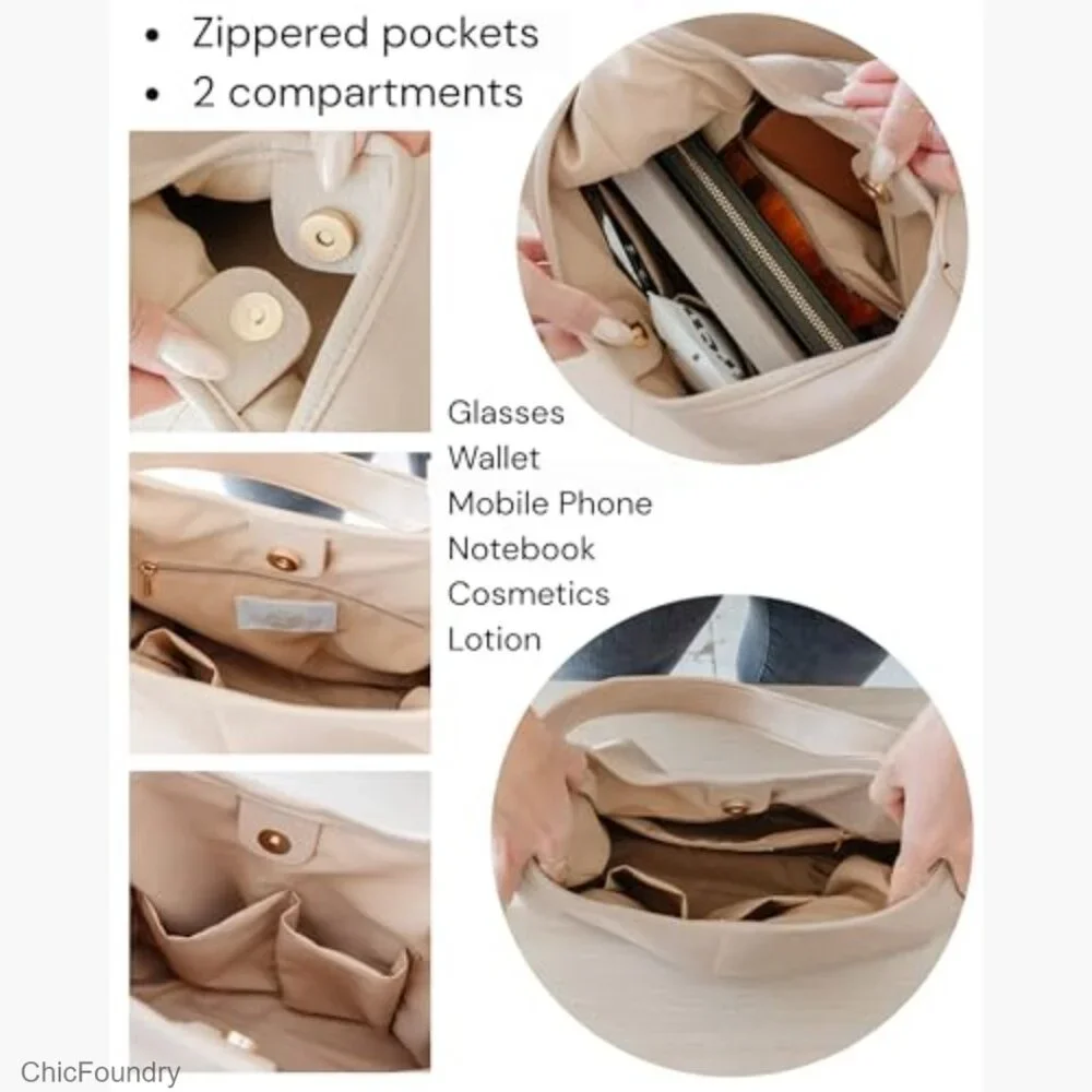 Large Vegan Leather Hobo Bag with Zippered Compartments and Shoulder Strap